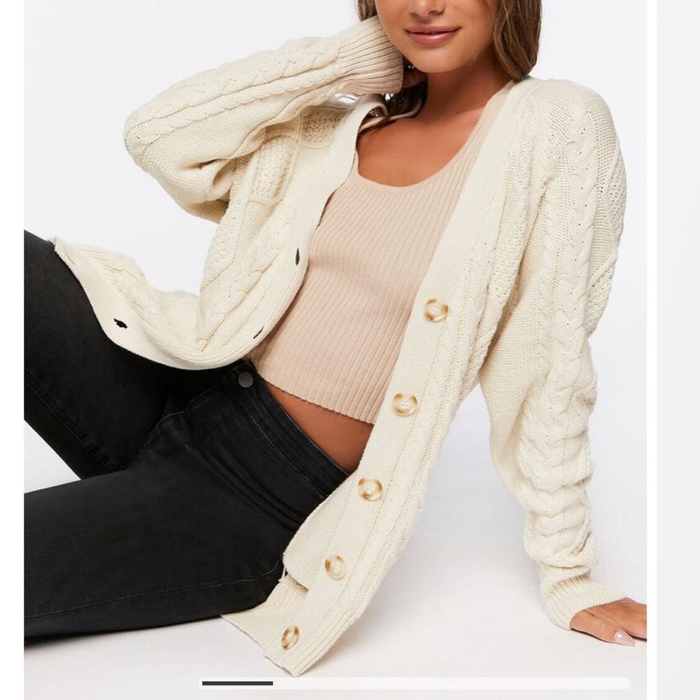 Forever 21 Cream Cable Knit Cardigan Sweater